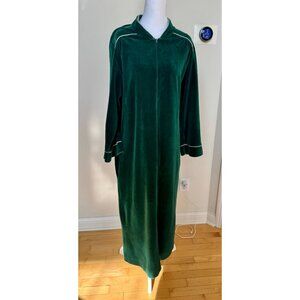Christian Dior Vintage Green Velour Robe With White Piping & Front Zipper Closur